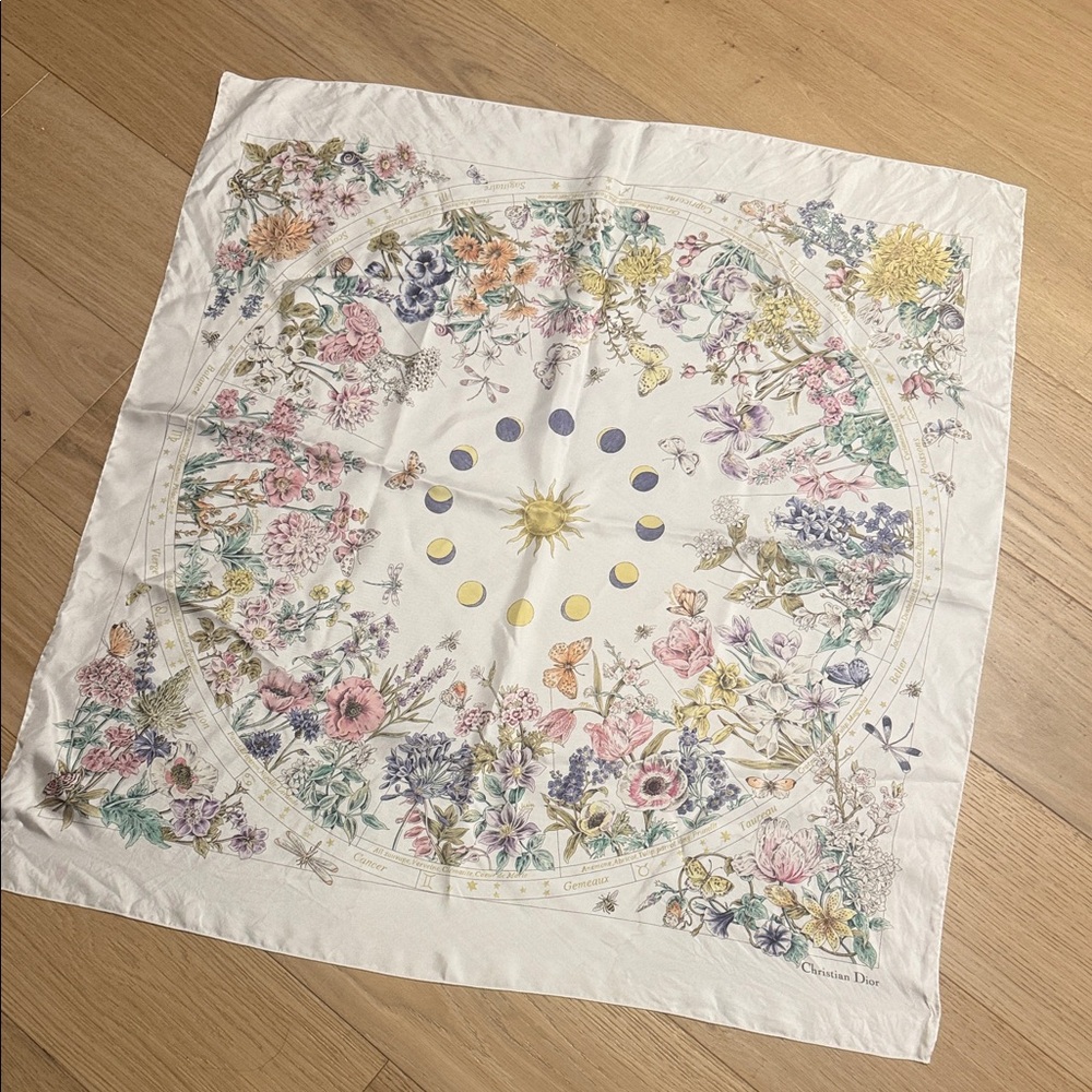 Dior White Silk Scarf with Floral and Sun Design
